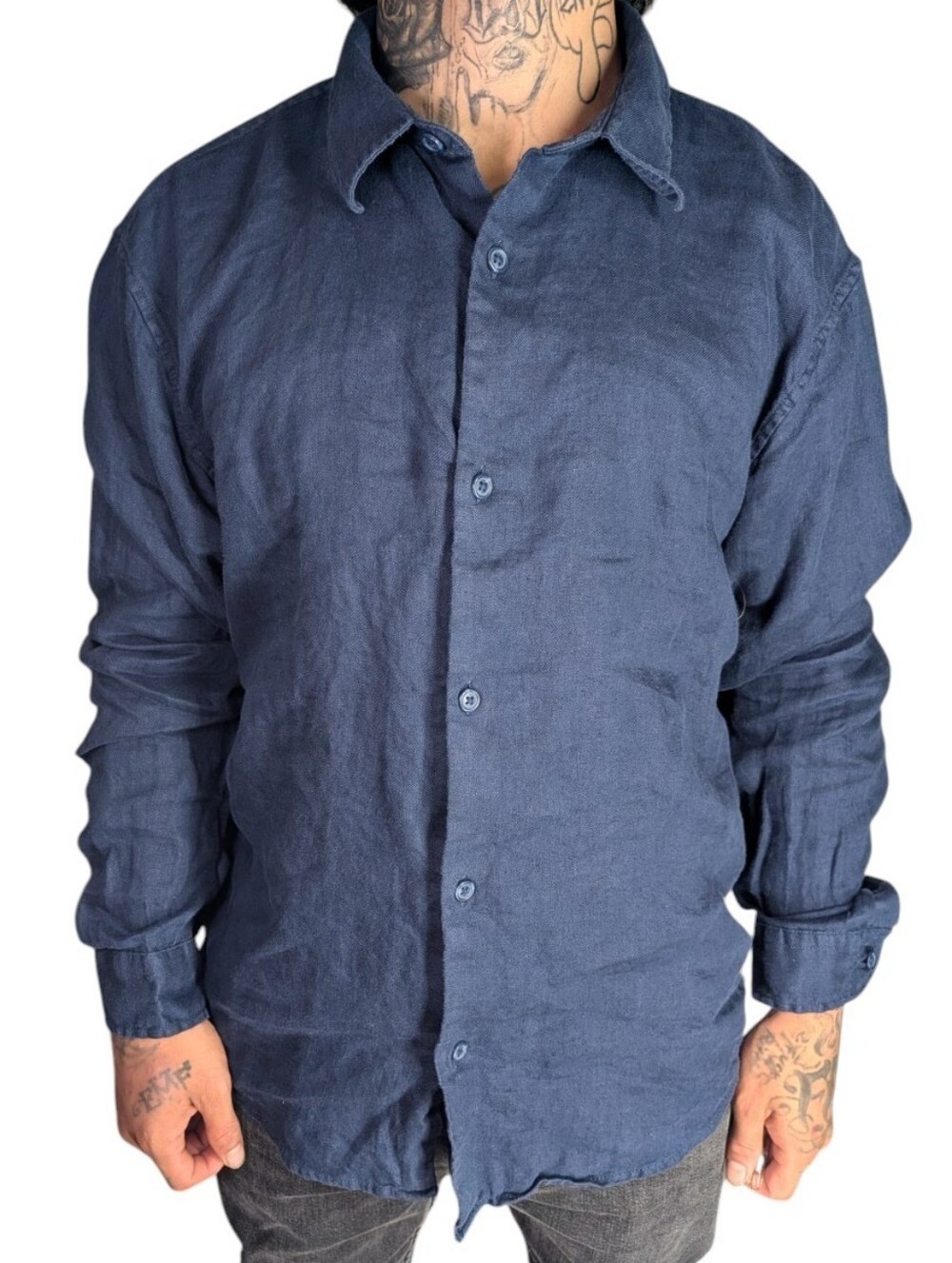 GAP Men's 100% Linen Long Sleeve Button-Down - Military Blue (Size M)